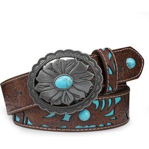 Women's Western Leather Belt Vintage Buckle Belt Cowgirl Leather Belt-D Coffee